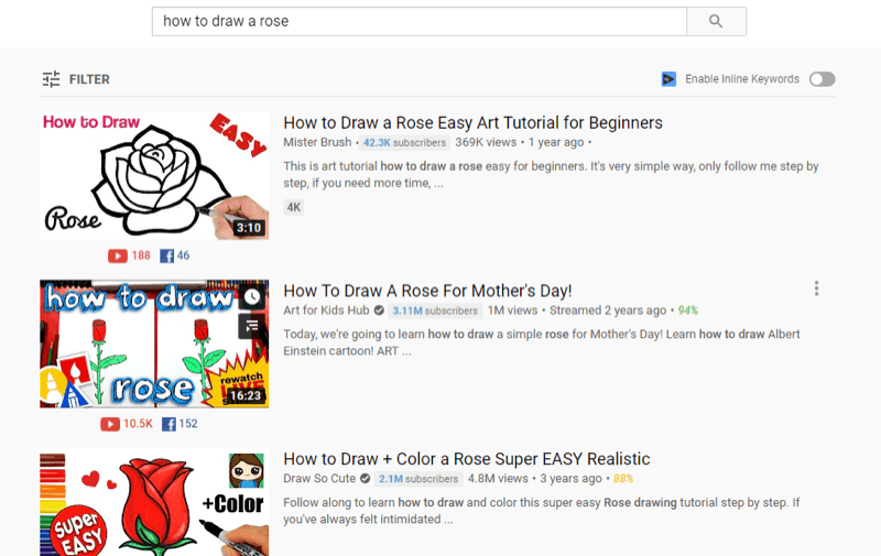 populiariausio „YouTube“ vaizdo įrašo pavyzdys „YouTube“ paieškos rezultatuose „kaip nupiešti rožę“