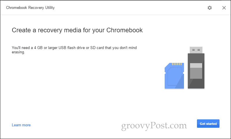 „chromebook“ atkūrimo įrankis - pradėkite