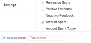 Išsaugokite „Facebook“ rezultatų nustatymus kaip šabloną.