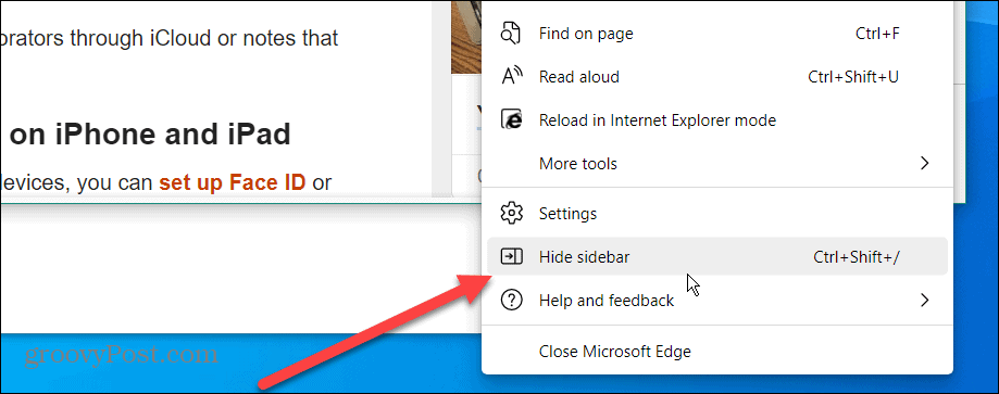 Išjunkite „Microsoft Edge“ šoninę juostą