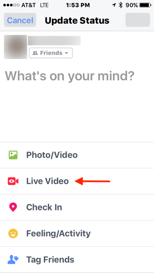 „Facebook“ būsenos atnaujinime palieskite „Live Video“.