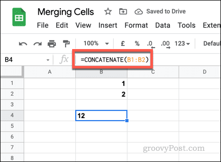 Paprastos CONCATENATE formulės pavyzdys „Google“ skaičiuoklėse