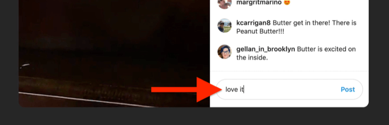 xscreenshot „instagram live“ pavyzdys su komentarų laukeliu, kurį paryškina ir užpildo žiūrovas, sakantis „myliu“
