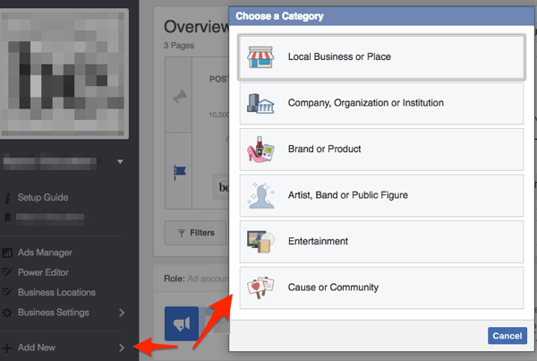 facebook puslapyje pasirinkite verslo kategoriją