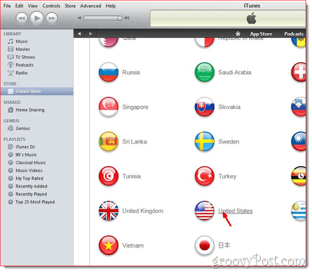 „iTunes“ - spustelėkite Jungtinės valstijos vėliava