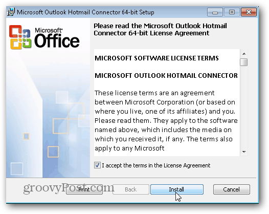 „Outlook.com“ „Outlook Hotmail Connector“ - spustelėkite Įdiegti