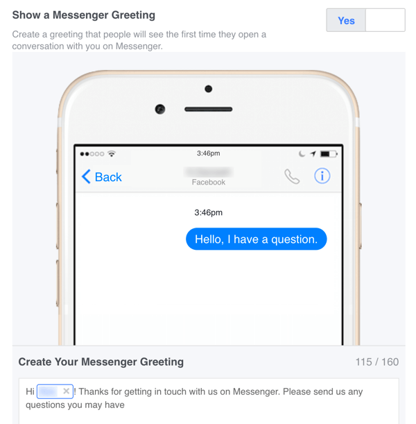 Nustatymuose galite nustatyti „Facebook Messenger“ pasirinktinį pasveikinimo pranešimą.