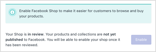 „Shopify“ rodo internetinį pranešimą, kad jūsų „Facebook“ parduotuvė yra peržiūrima.