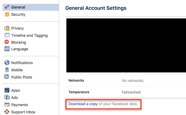 Spustelėkite nuorodą, kad atsisiųstumėte „Facebook“ profilio duomenis.