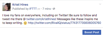 Taip atrodo mėgstamas „Twitter“ įrašas, kai jis per IFTTT yra bendrinamas su „Facebook“ puslapiu.