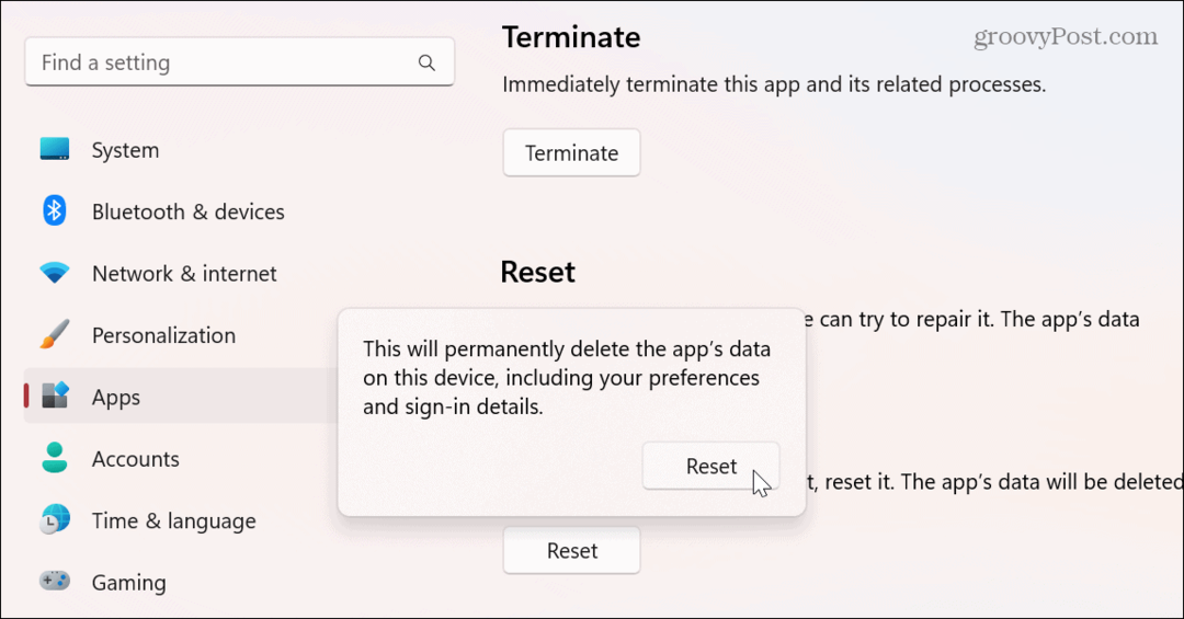 Iš naujo nustatykite „Windows 11“ nustatymų programą