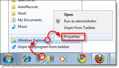 koreguoti „Windows Explorer“ užduočių juostos nuorodos ypatybes