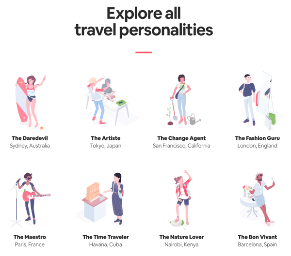 Visų rezultatų puslapio su rezultatais, kuriuos vartotojas gali ištirti iš „Airbnb“ „Travel Matcher“ viktorinos, pavyzdys.