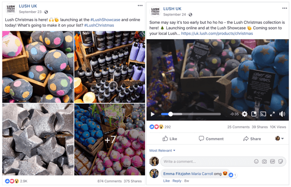 Du „Facebook“ įrašų pavyzdžiai iš „Lush UK“; vienas su keliais vaizdais ir vienas su vienu vaizdu.