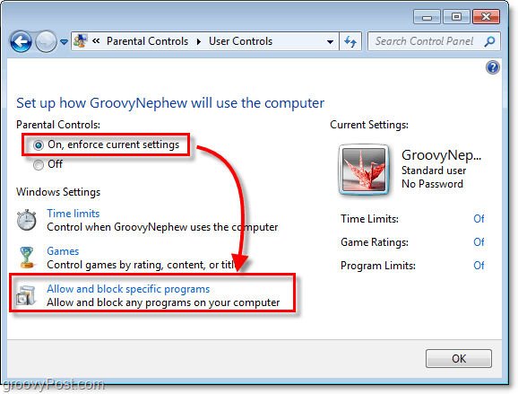 „Windows 7“ įjunkite tėvų kontrolę konkrečiam vartotojui, tada leiskite ir blokuokite konkrečias programas