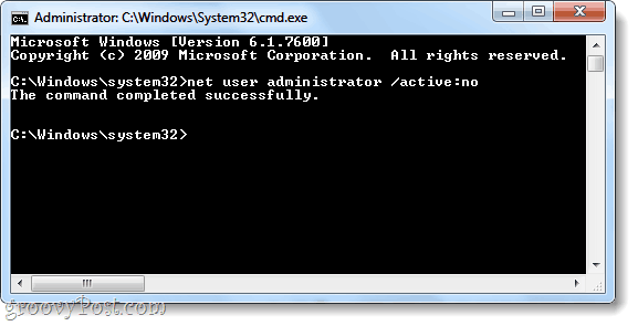grynojo vartotojo komanda, norint išjungti „Windows 7“ administratoriaus sąskaitą