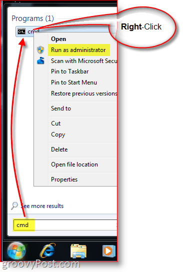 Paleiskite CMD - „Windows Command Prompt“ kaip administratorius dešiniuoju pelės mygtuku spustelėkite