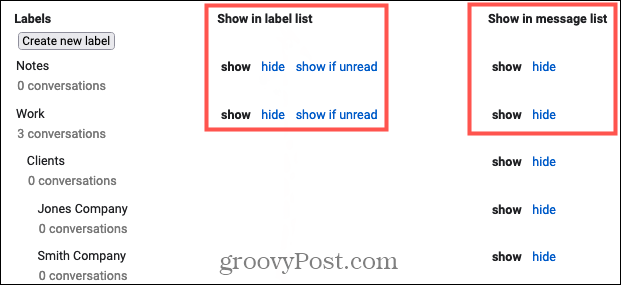 Rodyti arba slėpti etiketes „Gmail“