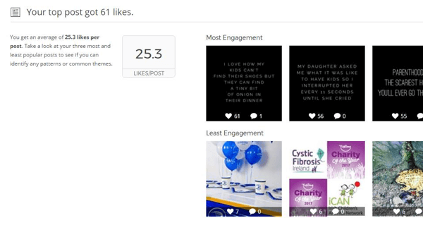 „Union Metrics“ „Instagram“ ataskaitoje rodoma jūsų populiariausių įrašų statistika ir vaizdai.