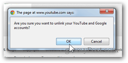 Susiekite „YouTube“ paskyrą su nauja „Google“ paskyra - spustelėkite Gerai, jei norite atsieti paskyrą