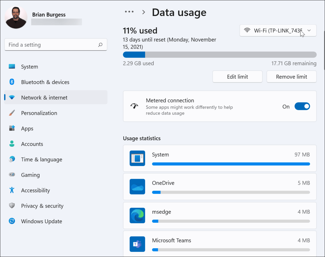 Duomenų naudojimo matuoklis ryšys „Windows 11“.