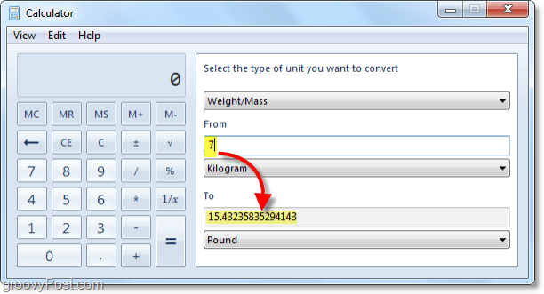 konvertuoti kilogramus į svarus naudojant „Windows 7“ skaičiuoklę