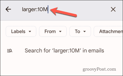 El. pašto dydžio kriterijų nustatymas „Gmail“ paieškos juostoje mobiliajame telefone