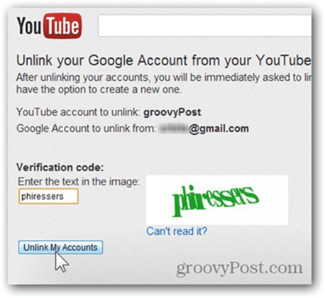 Susiekite „YouTube“ paskyrą su nauja „Google“ paskyra - spustelėkite Atsieti paskyras