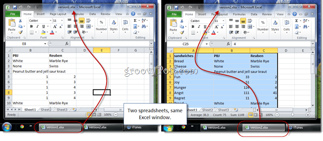 dvi „Excel“ skaičiuoklės tuo pačiu langu