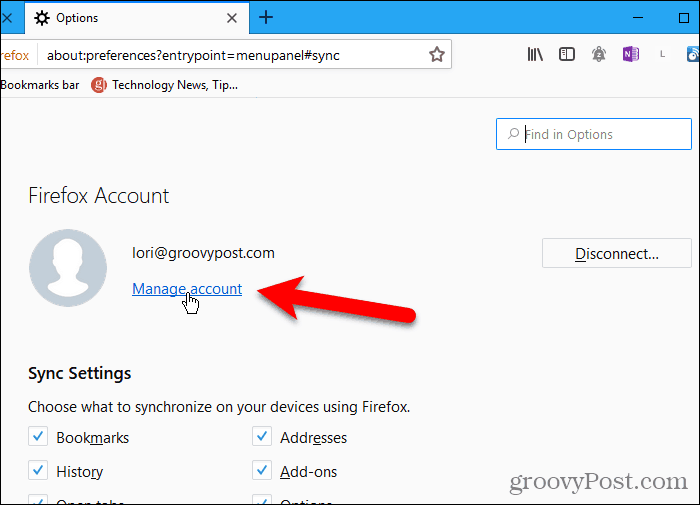 Spustelėkite Tvarkyti abonementą „Windows“ skirtoje „Firefox“