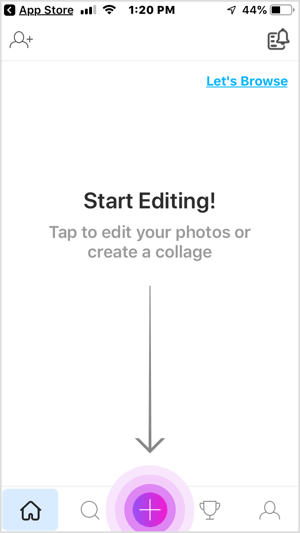 Bakstelėkite mygtuką „PicsArt“ programoje mobiliesiems.