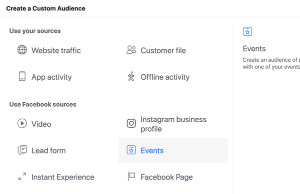 Kaip reklamuoti tiesioginį įvykį „Facebook“, 10 žingsnis, „Facebook“ skelbimų tvarkyklėje sukurkite pasirinktinę auditoriją pagal įvykio puslapio peržiūras