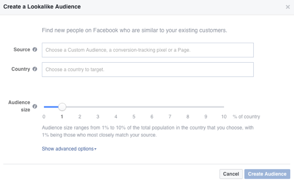 Šias parinktis pamatysite, kai sukursite „Facebook“ panašią auditoriją.
