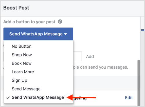 Pasirinkite „Send WhatsApp Message“ parinktį, kai padidinsite „Facebook“ įrašą.