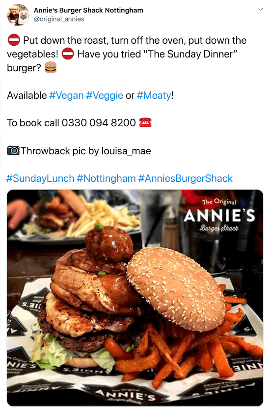 @original_annies „Twitter“ įrašo ekrano kopija su mėsainio ir saldžiųjų bulvių bulvytėmis su patraukliu aprašymu, jų telefono numeriu, paveikslėlio kreditu ir grotažymėmis