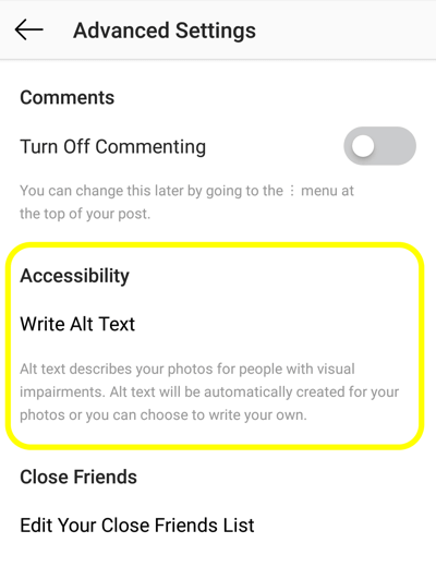 Kaip pridėti „Alt“ tekstą prie „Instagram“ įrašų, 2 žingsnis, „Instagram“ įrašo pritaikymo neįgaliesiems parinktis, kad nustatytumėte „Alt“ žymą