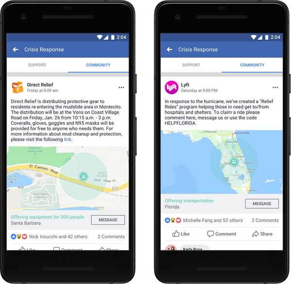 „Facebook“ paskelbė, kad organizacijos ir įmonės dabar gali skelbti bendruomenės pagalbą ir teikti kritinę informaciją ir paslaugas žmonėms, kad jie galėtų gauti krizės metu reikalingą pagalbą.