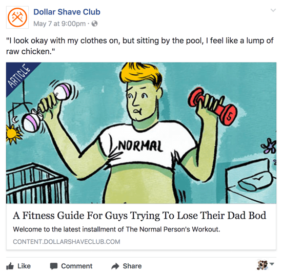 „Dollar Shave Club“ dalijasi aktualiu ir sumaniu turiniu savo „Facebook“ verslo puslapyje.