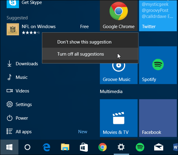 „Windows 10“ meniu Pradėti Išjunkite siūlomas programas