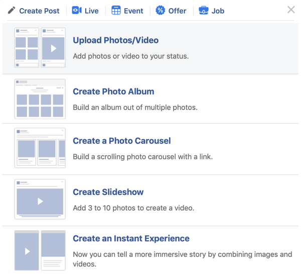 Kaip nustatyti „Facebook Premiere“, 2 žingsnis, įkelti nuotraukų / vaizdo įrašų parinktį
