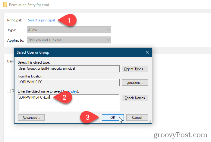 Spustelėkite Pasirinkti pagrindinį ir pasirinkite vartotoją arba grupę, kuriai suteikiami leidimai „Windows“ registre