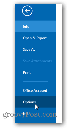„Office 2013“ pakeisti spalvos temą - spustelėkite parinktis