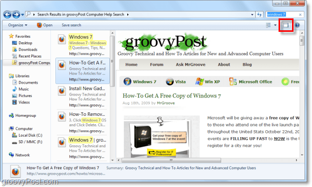 naudokite „Windows 7“ peržiūros sritį, jei norite žiūrėti svetaines naudodami naršyklės lango paieškos jungtį