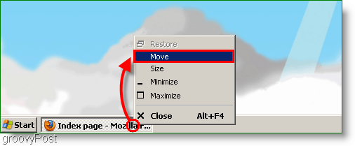 „Windows XP“ ekrano kopija - perkelti langą