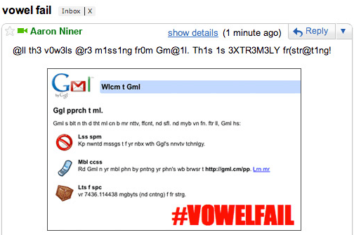 „Gmail“, 2010 m. Balandžio mėn. Kvailių balsių gedimas