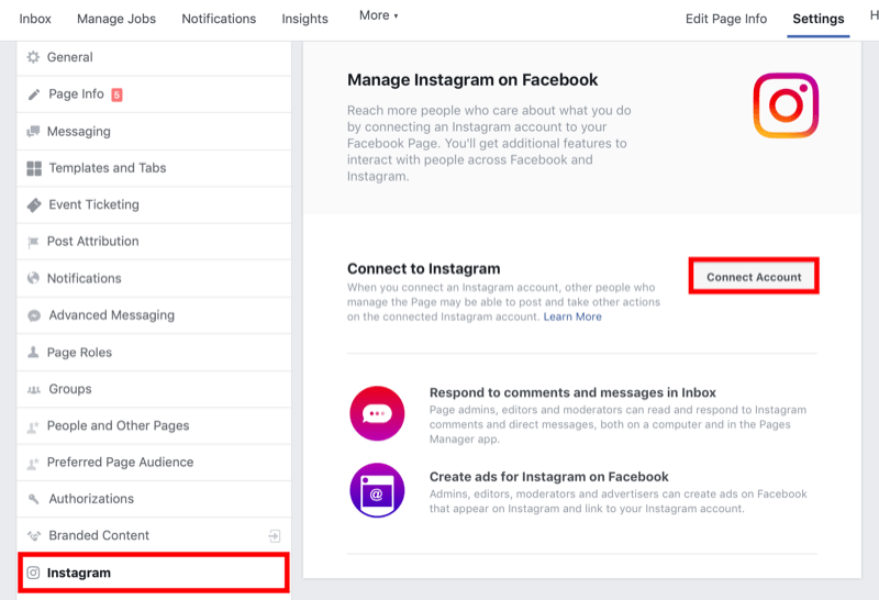 kaip prijungti „Facebook“ puslapį prie „Instagram“ verslo paskyros „Facebook“ puslapio nustatymuose
