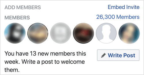 Norėdami pasveikinti naujus „Facebook“ grupės narius, spustelėkite Rašyti įrašą.