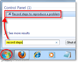 spustelėkite „Windows 7“ pradžios orb ir ieškokite įrašymo žingsnių