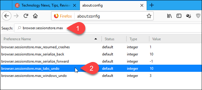 Du kartus spustelėkite max_tabs_undo