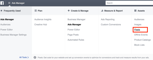 Norėdami nustatyti „Facebook“ tašką, atidarykite „Ads Manager“ ir pasirinkite jį.